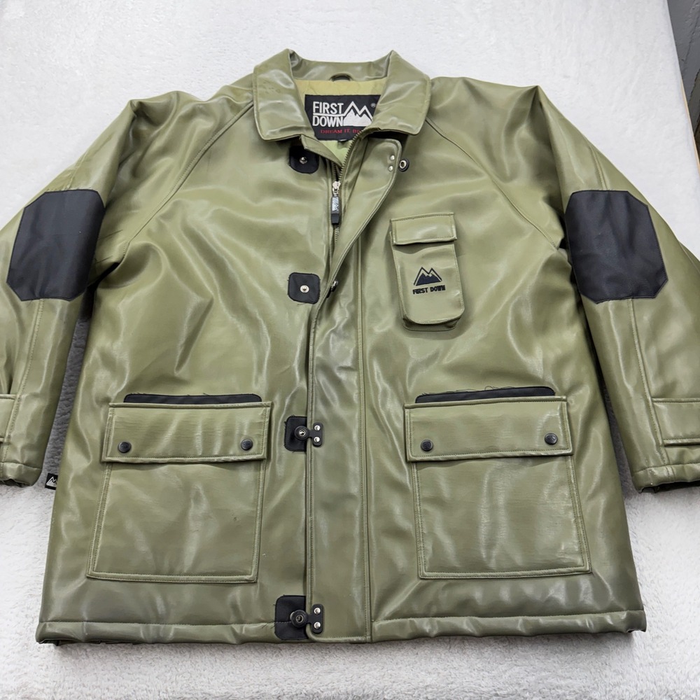 First Down Mens XXL Olive Green Puffer Jacket Full Zip PVC Casting Leather Shell